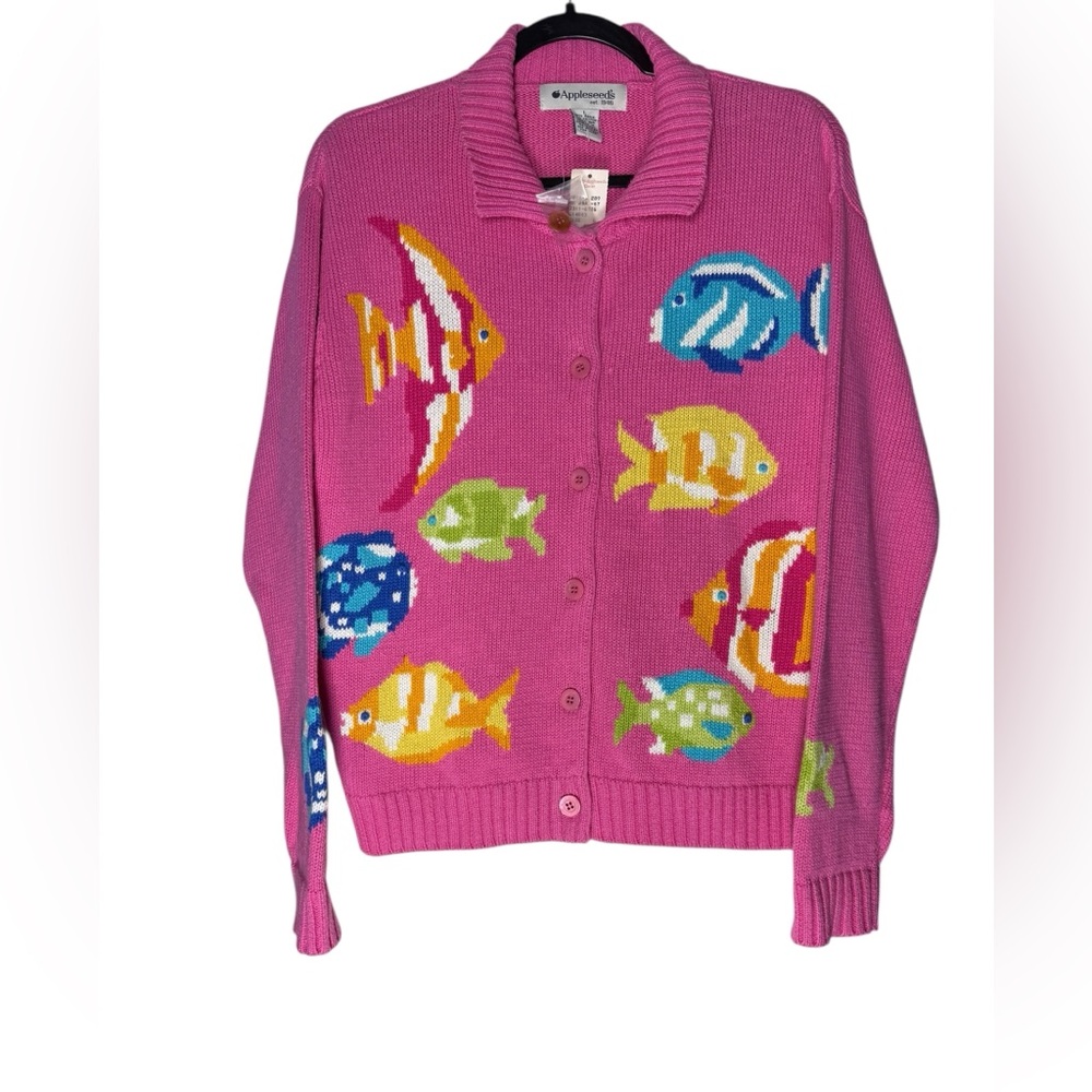 VTG Appleseed’s Cardigan Sweater Women’s Large Fish Multi Pink Novelty Knit NWT